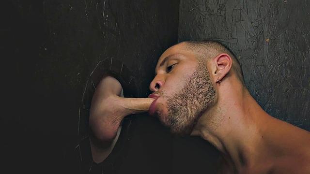 Stockinged trans enjoys gloryhole blowjob exchange
