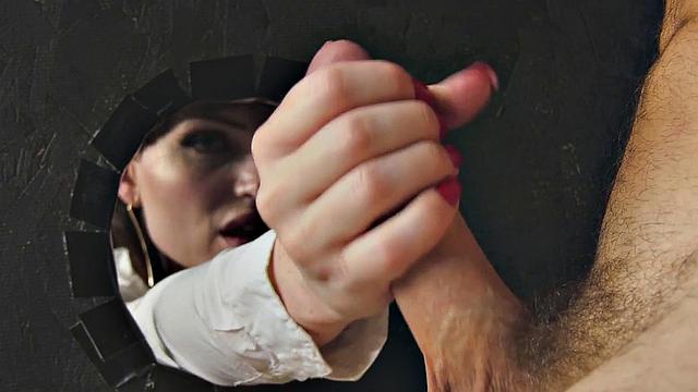 Stockinged trans enjoys gloryhole blowjob exchange