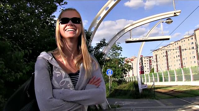 Watch this blonde with shaved pussy take a hard pounding in the park while wearing panties