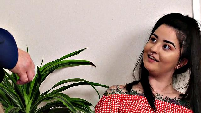 CFNM tattooed teen gives a sloppy handjob before taking a cumshot