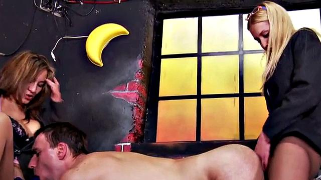 CFNM pegging babes in pantyhose and heels fuck guy in threesome