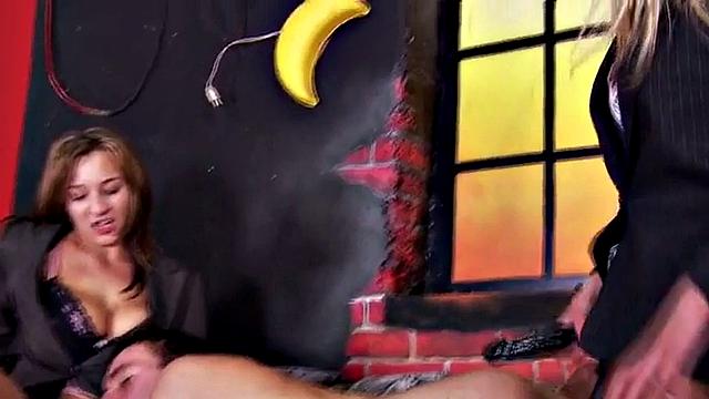 CFNM pegging babes in pantyhose and heels fuck guy in threesome