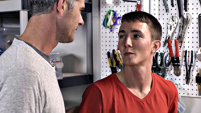 Watch this dominant dad take control and fuck his eager son at the workbench