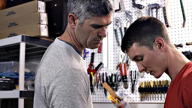 Watch this dominant dad take control and fuck his eager son at the workbench