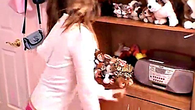 Cute teen with ponytails fingers pussy