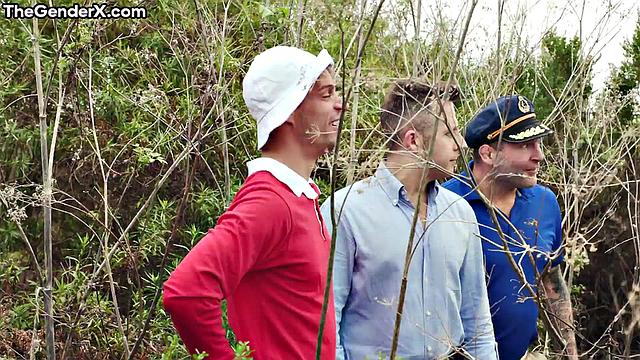 Trans beauty handling two cocks