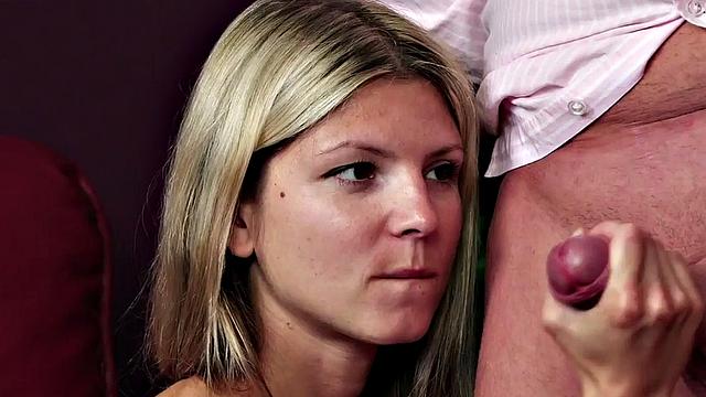 CFNM 21yo learns HJ and BJ in 3some with stockings MILF