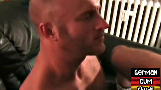 Barebacked German cums on jock after assdrilled