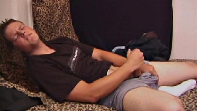 Law is a young amateur, who is resting on the bed and grabbing at his crotch. Eventually he pulls out a huge boner, lubes it up and jacks off, until he spills his load all over his chest.