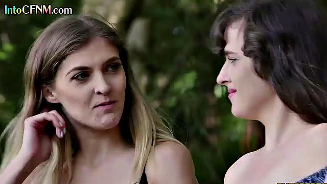 Naughty babes cocksucking outdoors