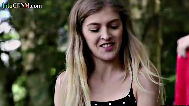 Naughty babes cocksucking outdoors