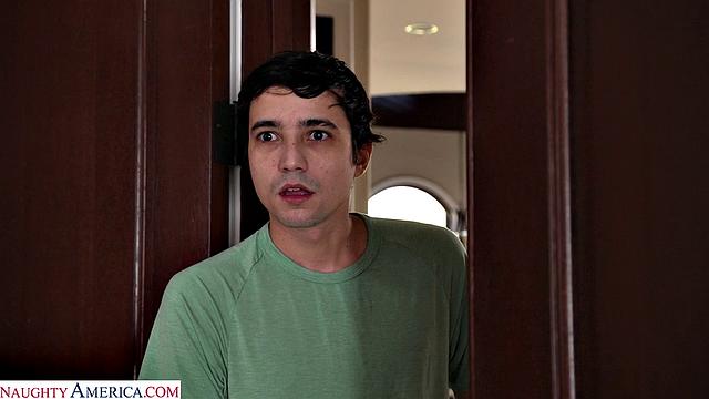 Brunette MILF Mandy Waters takes dik from son's friend