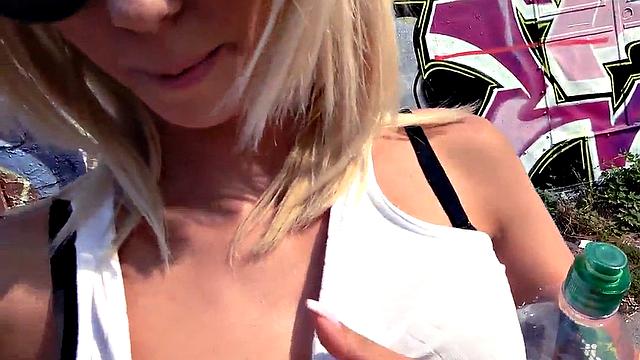 Real European skinny babe fucked outdoor in public