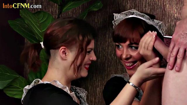 CFNM British maids jerk cock in hotel room till cum