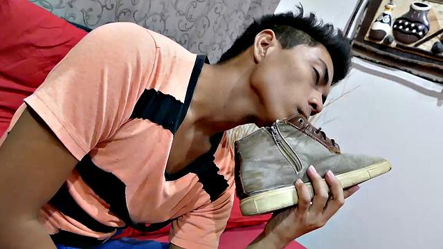 This horny looking Asian boy has about the hottest Asian feet you ever did see. Watch as Josh slides his shoes off and take in the sweet foot aroma by burying his face in his shoe. He begins to caress and lick his boy feet as he grows a boner.