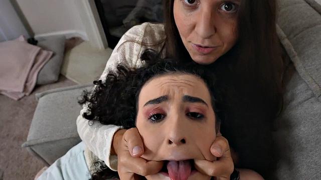 Two slutty bitches share dick in threesome in POV