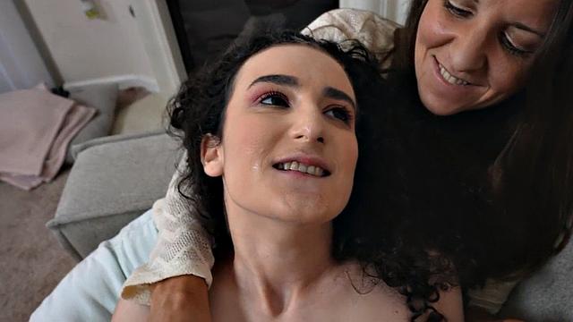 Two slutty bitches share dick in threesome in POV