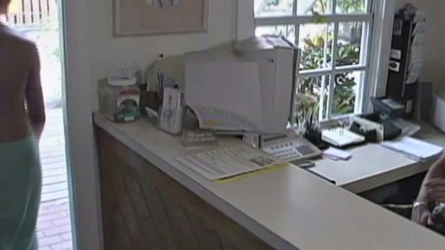 We look in on 21 year old Joey Landis, who is working the front desk when 19 year old Blake Ashton comes to say hello. When Blake leaves, he starts flirting with Joey through the window. Joey responds by stripping down and stroking his big hard dick.