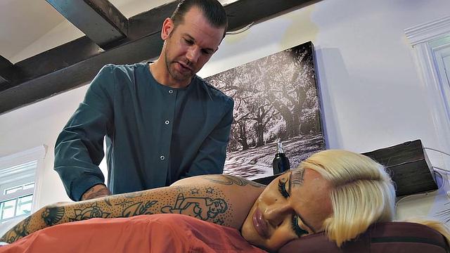 Inked busty shemale gives blowjob before breed by masseur