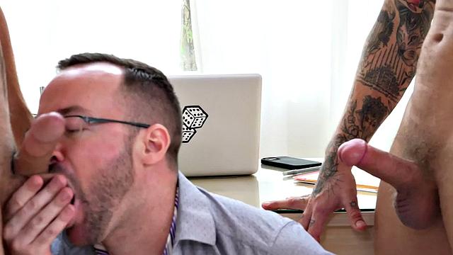 Mesmerized employees fuck boss in 3way anal