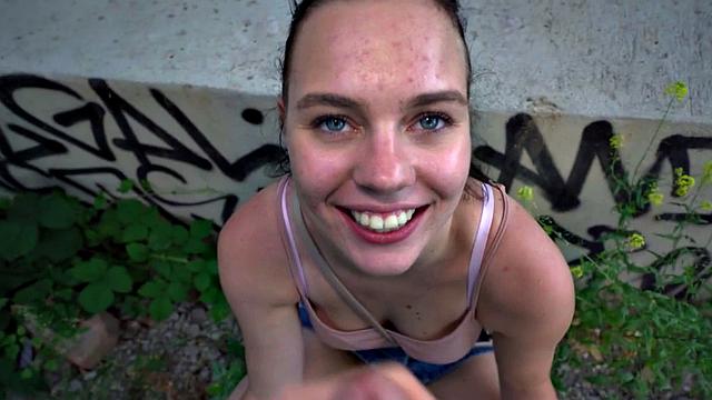 Kinky brunette Euro chick enjoys getting banged by a British cock in public