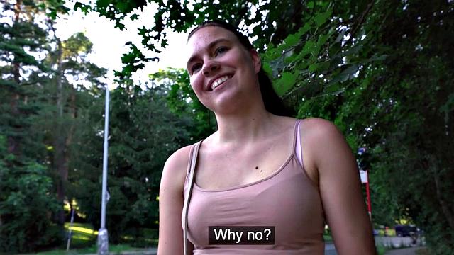 Kinky brunette Euro chick enjoys getting banged by a British cock in public