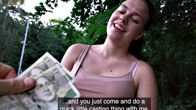 Kinky brunette Euro chick enjoys getting banged by a British cock in public