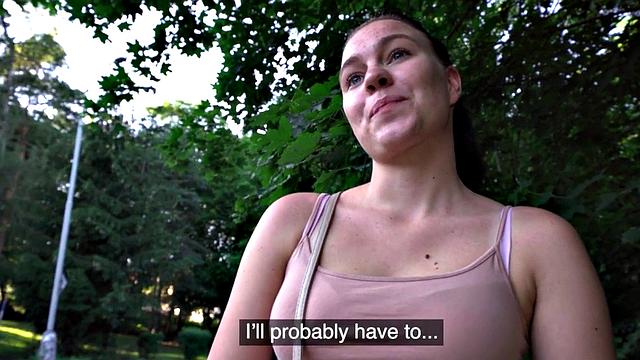 Kinky brunette Euro chick enjoys getting banged by a British cock in public