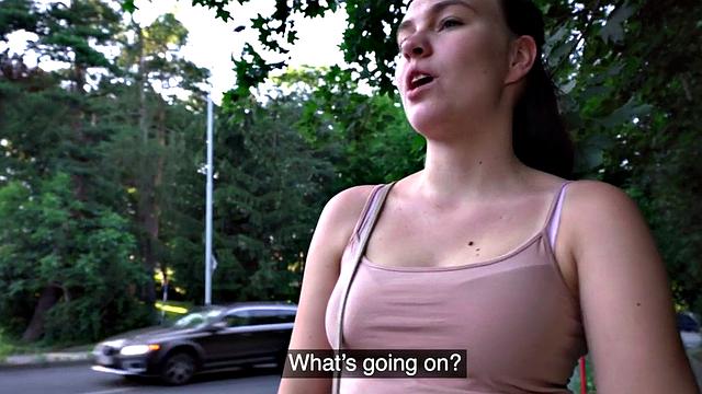 Kinky brunette Euro chick enjoys getting banged by a British cock in public