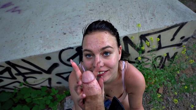 Kinky brunette Euro chick enjoys getting banged by a British cock in public