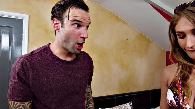 Watch Lucky Driver's bald pussy get pounded in the bedroom by his tattooed friend