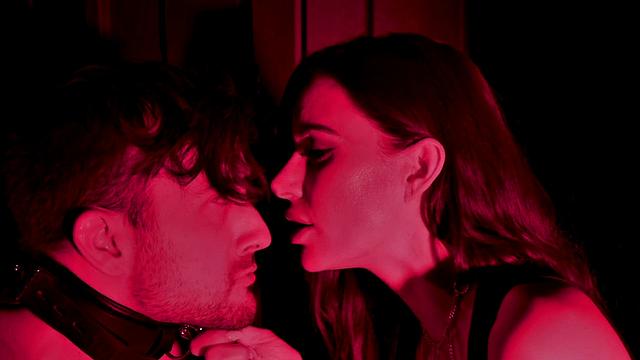 Whipping BDSM girl in black lingerie rides sub cock