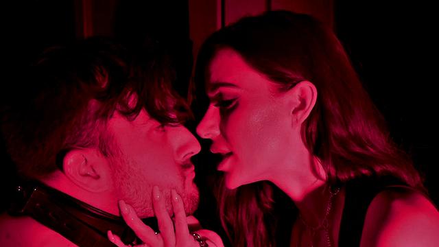 Whipping BDSM girl in black lingerie rides sub cock