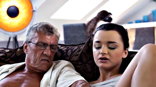 VIP4K. Lovely girl satisfies needs using old cock of dad