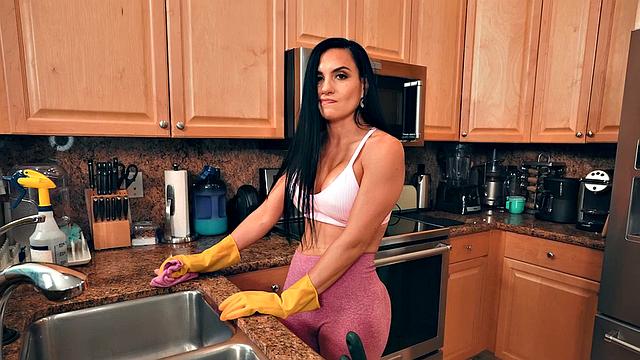 Busty amateur maid sucks and rides cock after cleaning