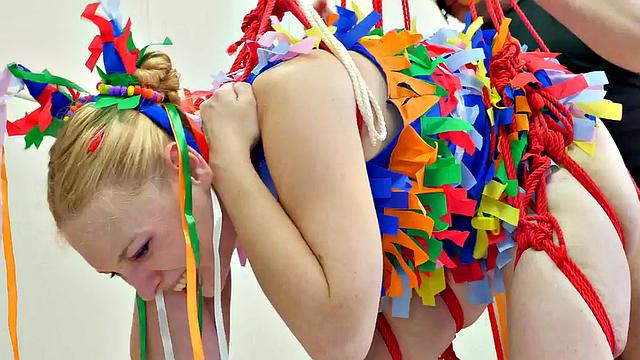 A kinky teen slut get her tight ass drilled and face slapped while being tied up and humiliated