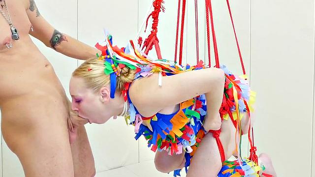 A kinky teen slut get her tight ass drilled and face slapped while being tied up and humiliated