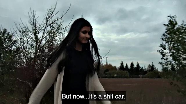 Tattooed amateur brunette fixes her car & fucks her bald pussy for cash