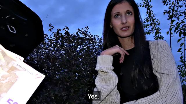 Tattooed amateur brunette fixes her car & fucks her bald pussy for cash