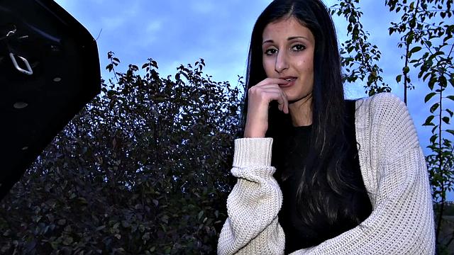 Tattooed amateur brunette fixes her car & fucks her bald pussy for cash