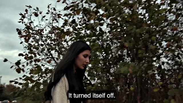 Tattooed amateur brunette fixes her car & fucks her bald pussy for cash