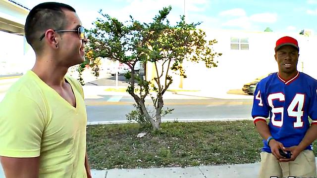 Ebony stud picked for outdoor public fuck by white top