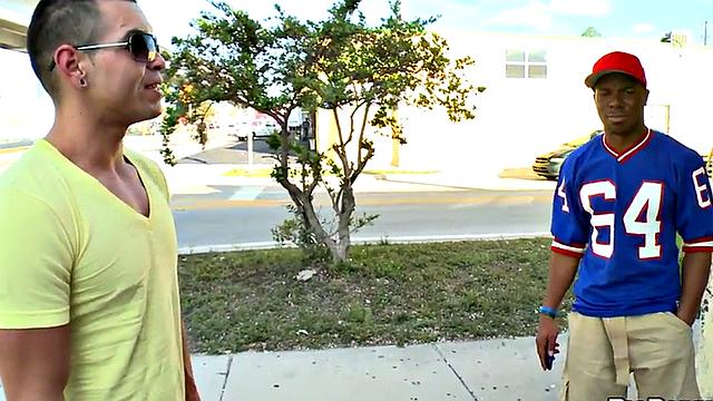 Ebony stud picked for outdoor public fuck by white top