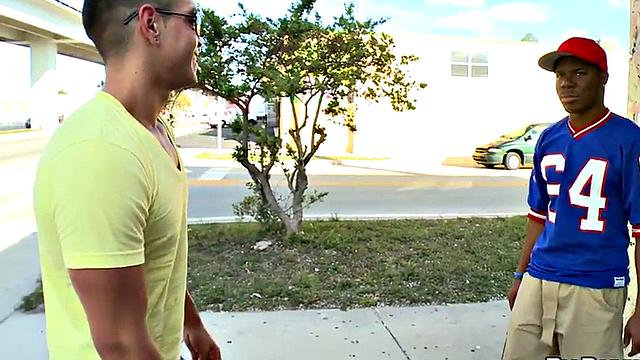 Ebony stud picked for outdoor public fuck by white top