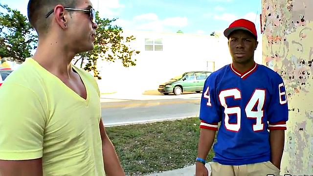 Ebony stud picked for outdoor public fuck by white top