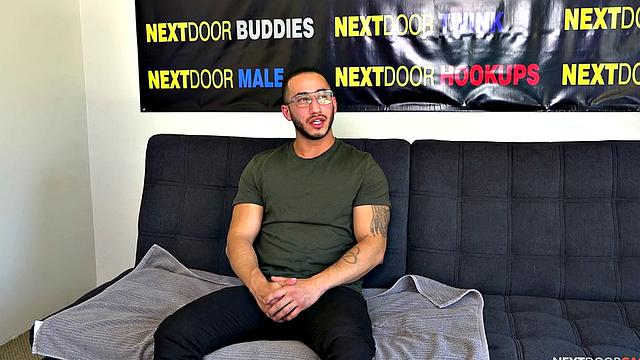 Handsome jock stroking his hard dick solo on casting