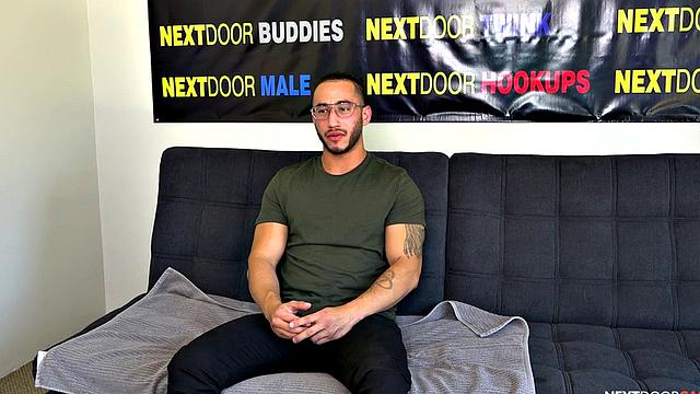 Handsome jock stroking his hard dick solo on casting