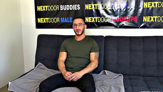 Handsome jock stroking his hard dick solo on casting