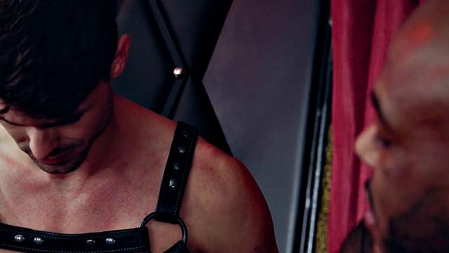 Ebony jock fists BDSM stud after whipping