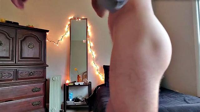 Bearded jock jerks and fingers his lubed asshole for cumshot